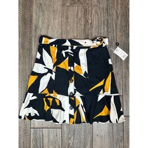 Nine‎ West Skirt M Medium Button Front Belted A Line Floral Black White Yellow